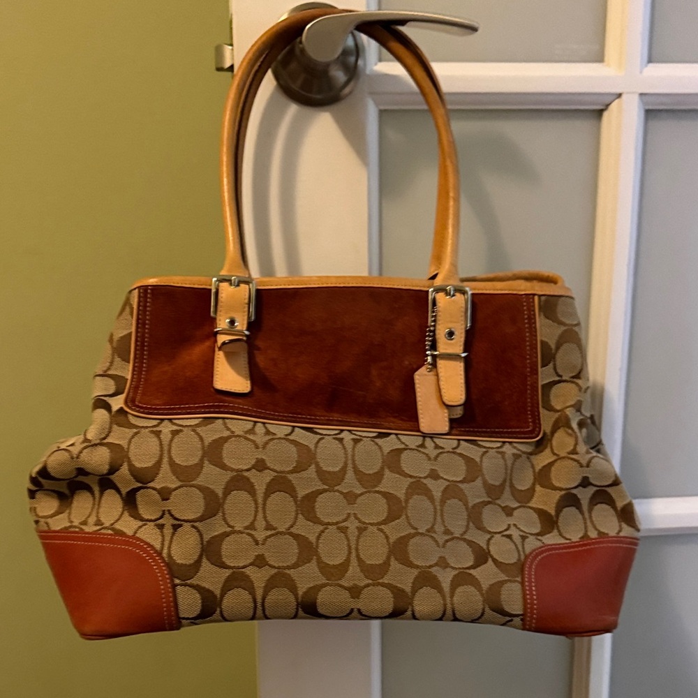 Vintage Coach Brown and Tan Signature Shoulder Bag